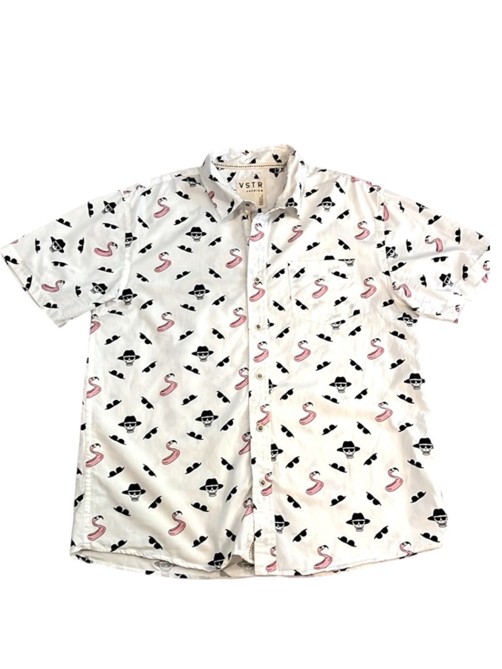 VSTR MENS FLAMINGOS SHADES AND SKULL PRINT SHORT SLEEVE BUTTON DOWN WHT SIZE XL